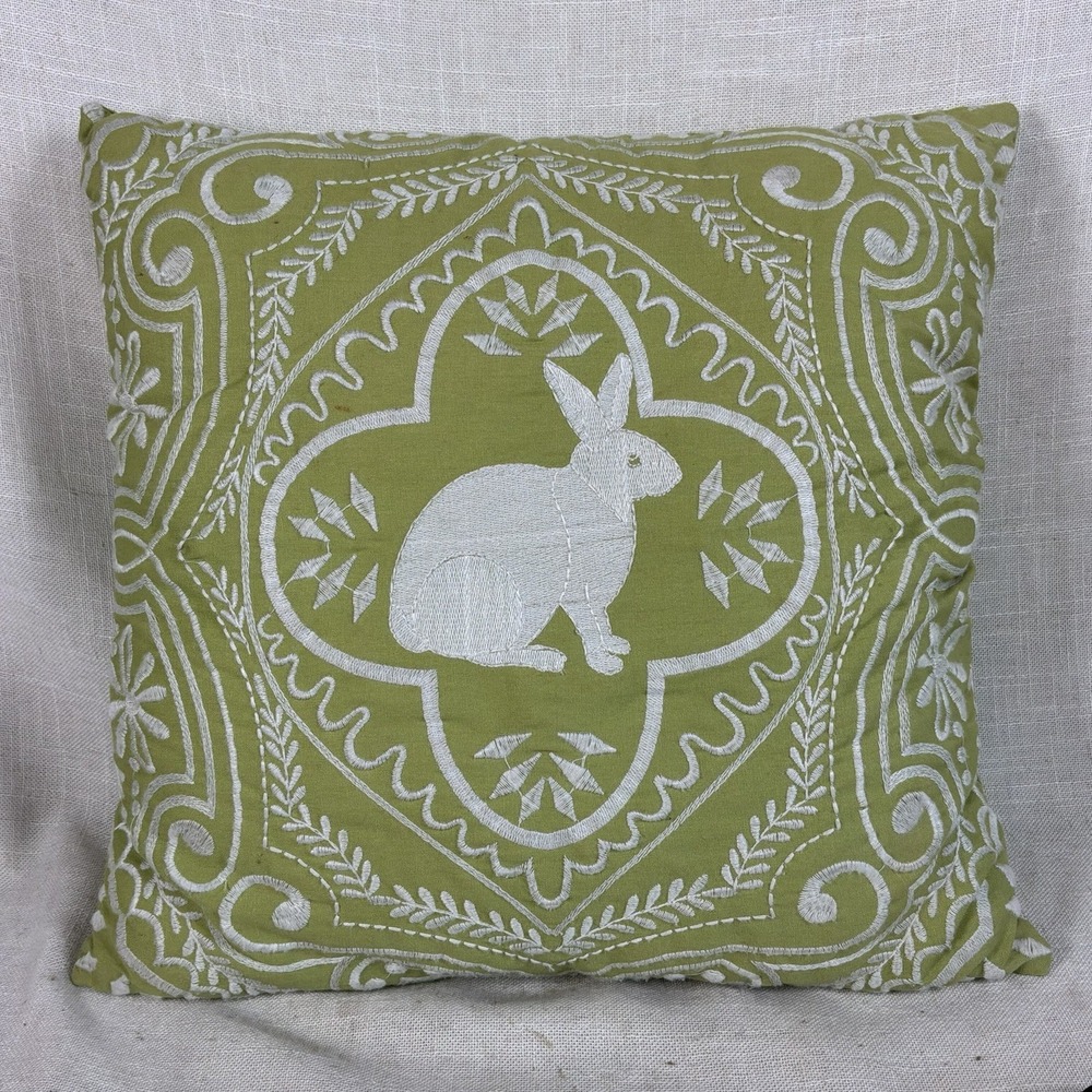 Pier 1 Imports Easter Bunny Throw Pillow 15" Embroidered Spring Green Rabbit EUC